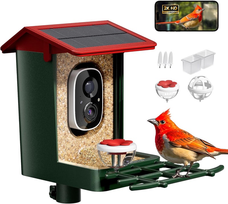 HEAPETS Smart Bird Feeder with Camera Solar Powered, 2K HD Video, AI Bird Species Identification, Instant Arrival Alerts, Weatherproof Design for Effortless Birdwatching, Best Gift for BirdLovers, Red - Image 1